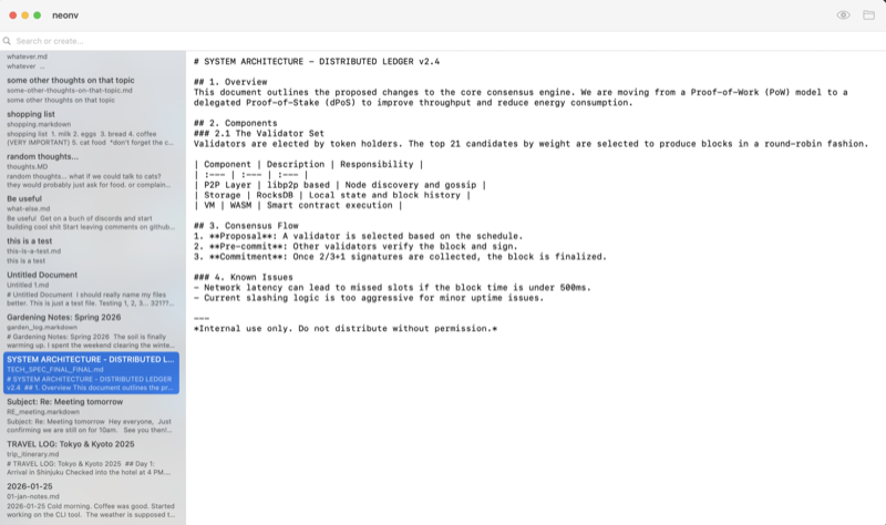 The neonv window showing the search field, note list, and a note open in the editor.