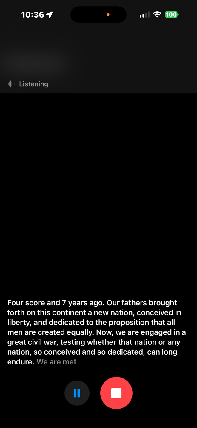 The record iPhone app mid-recording, live-transcribing the Gettysburg Address on-device with pause and stop controls.
